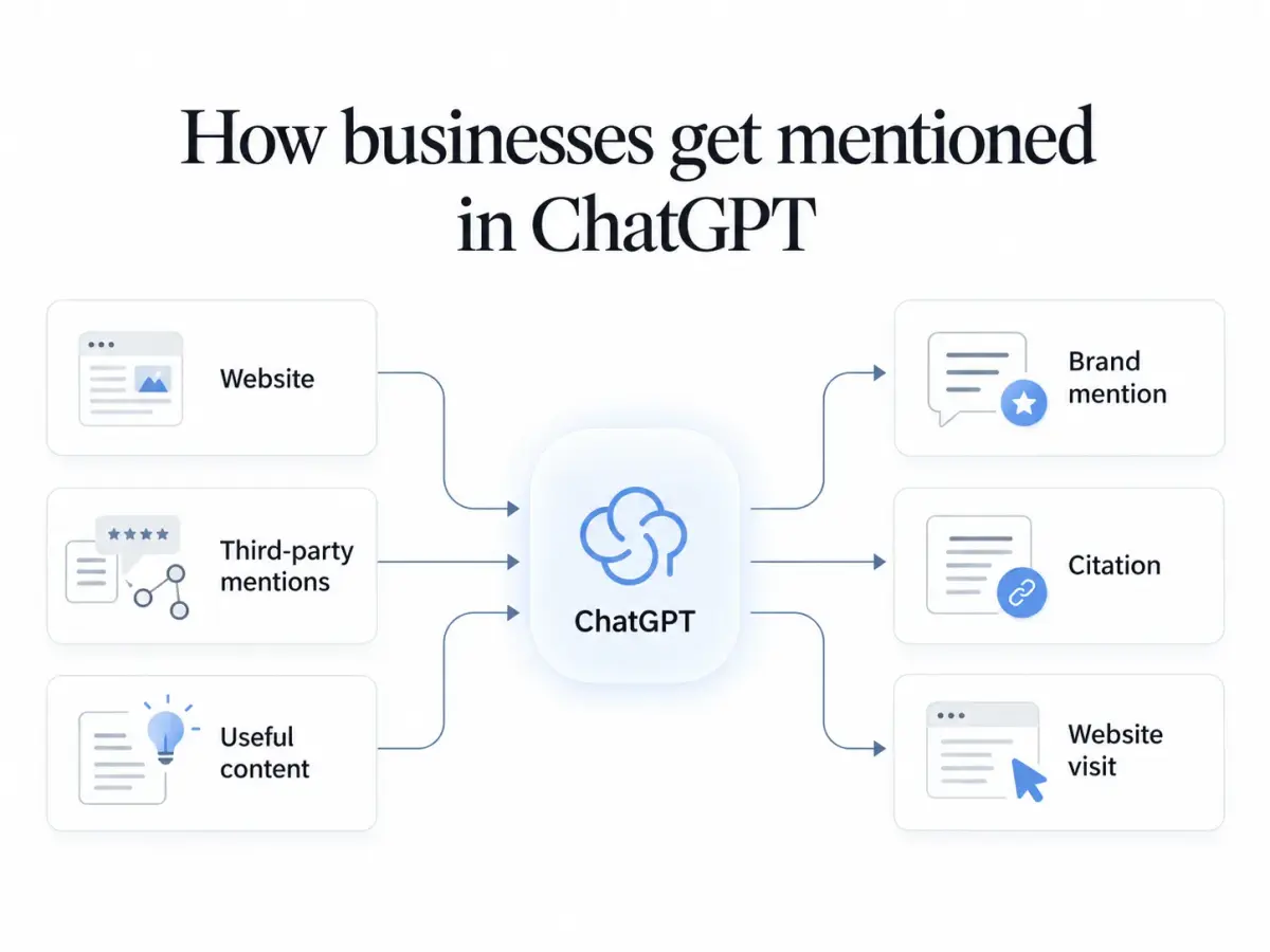 Diagram showing how websites, third-party mentions, and useful content can contribute to ChatGPT brand mentions, citations, and website visits.